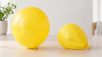 Duas bexigas amarelas sem marca: uma cheia e outra parcialmente murcha sobre uma mesa clara.