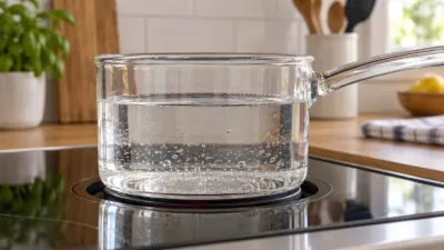 Panela transparente com água aquecendo e pequenas bolhas nas paredes.