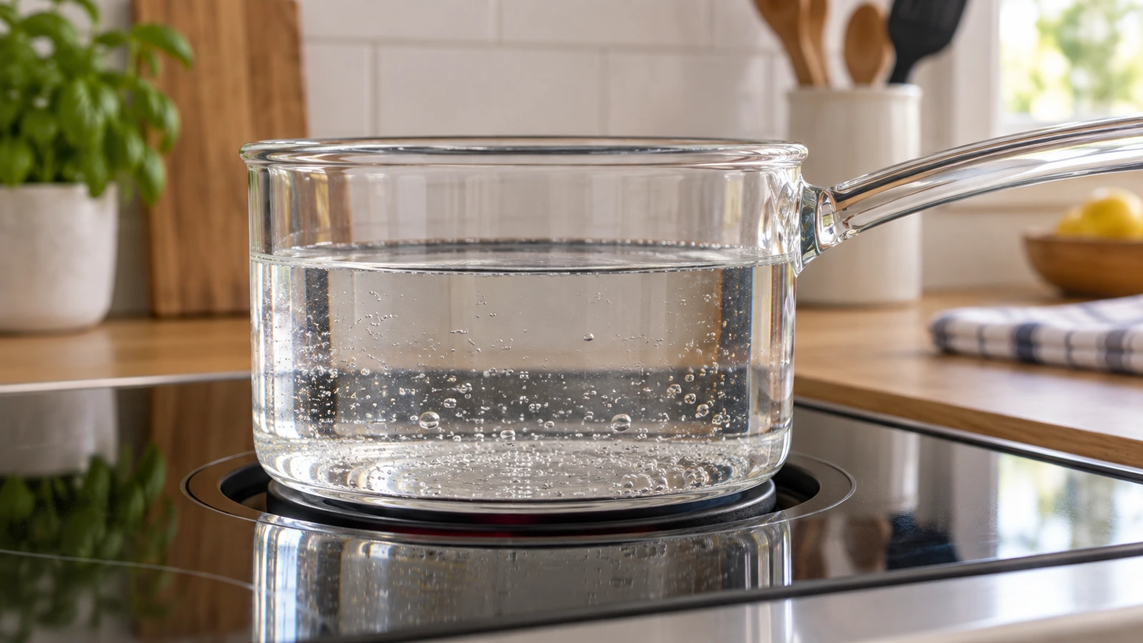 Panela transparente com água aquecendo e pequenas bolhas nas paredes.