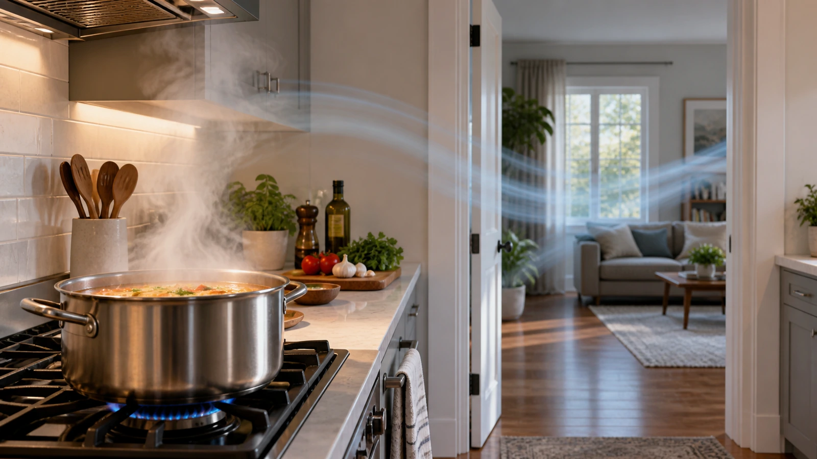 Vapor sobe de uma panela em uma cozinha com passagem aberta para outro cômodo.