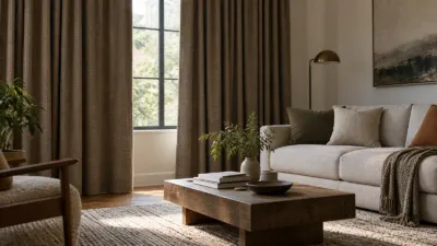 Sala com janela coberta por cortinas espessas e tapete no piso.