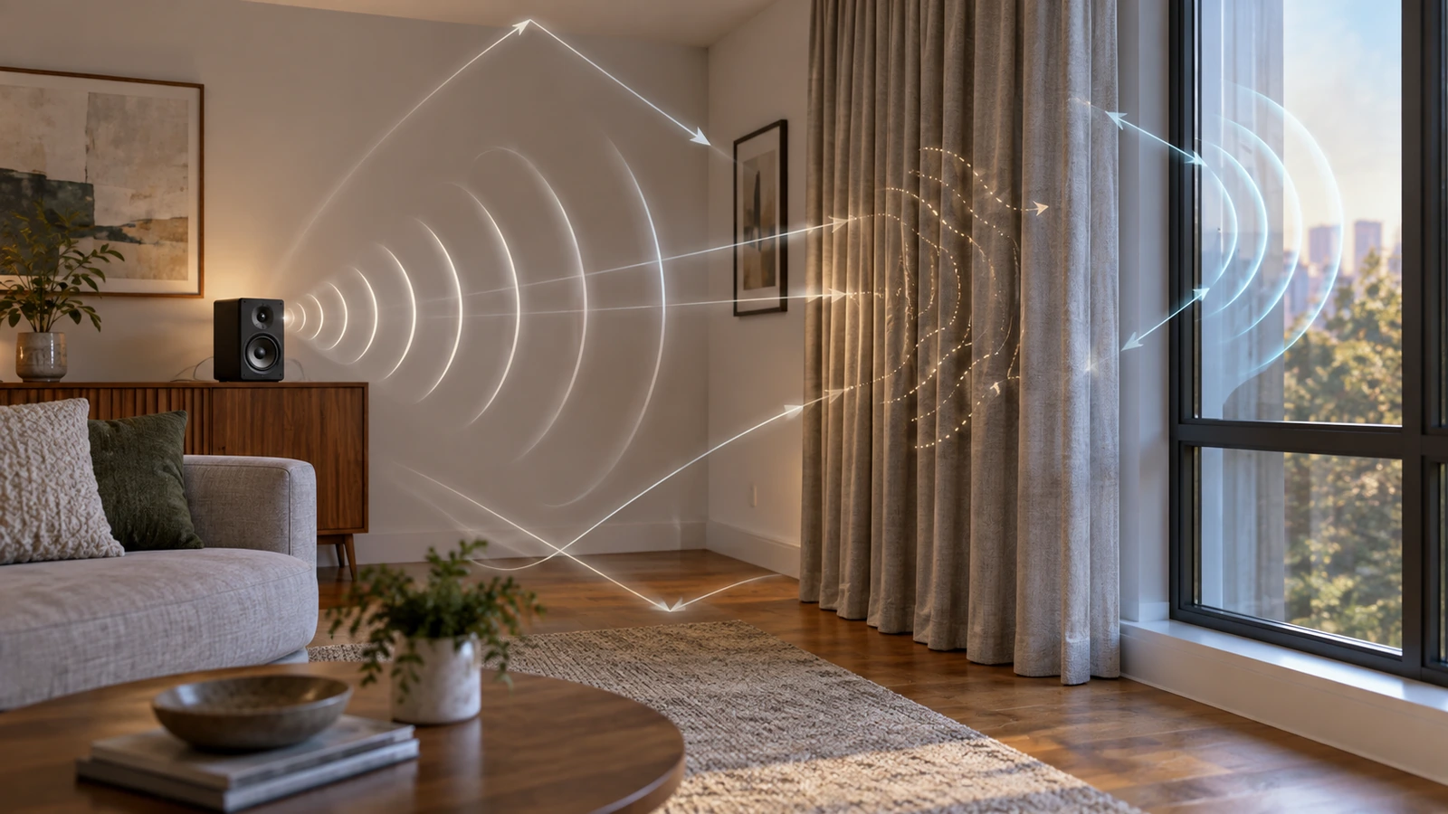 Cortina diante de janela com linhas suaves ilustrando ondas sonoras refletidas e absorvidas.