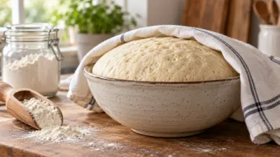 Massa de pão crescida em tigela de cerâmica sobre bancada de cozinha.