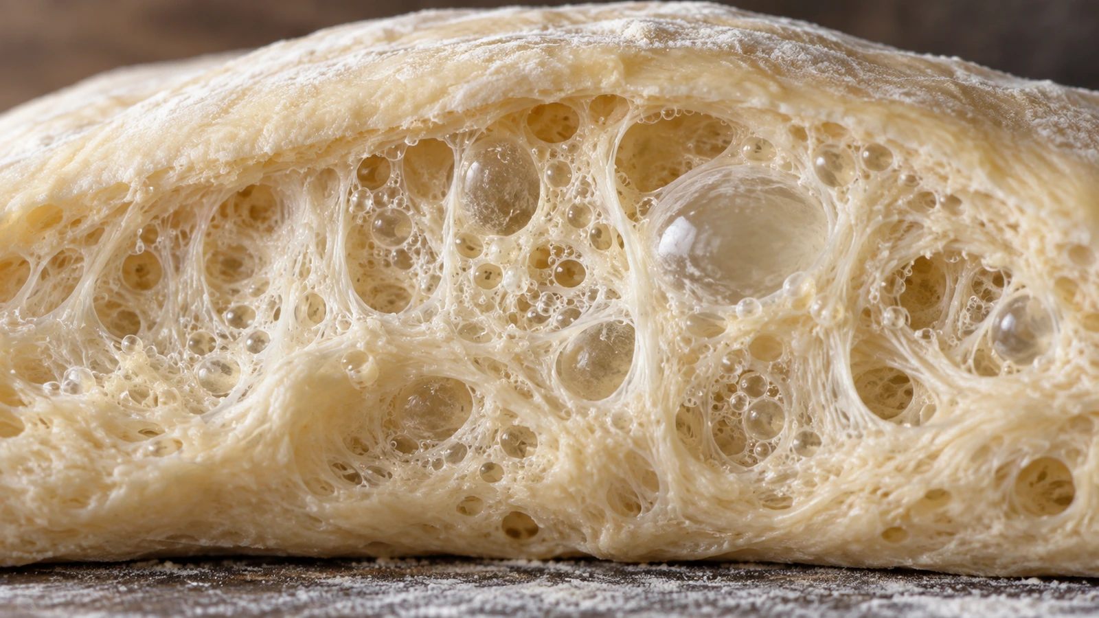 Corte aproximado de massa de pão com bolhas de tamanhos variados em sua estrutura.