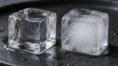 Dois cubos de gelo caseiro, um mais transparente e outro com centro branco e turvo.
