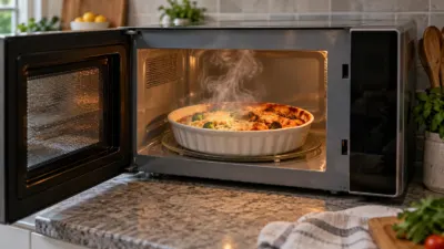 Forno de micro-ondas aberto com prato de comida em recipiente cerâmico.