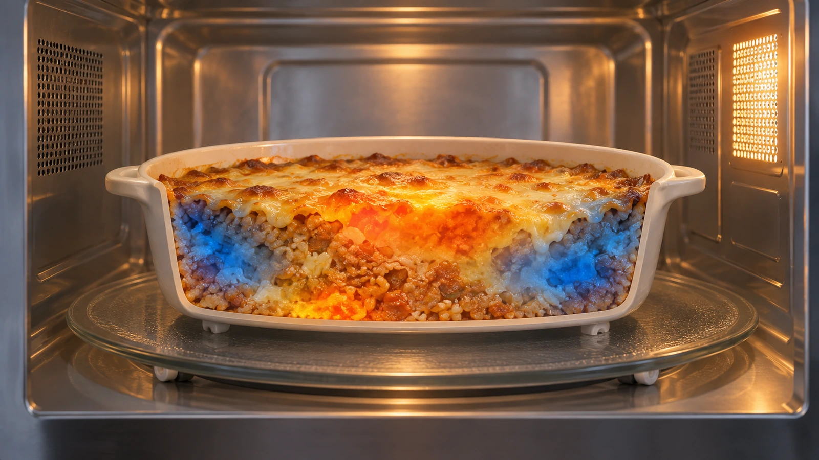 Recipiente de comida em micro-ondas com regiões de cores diferentes representando variação de aquecimento.