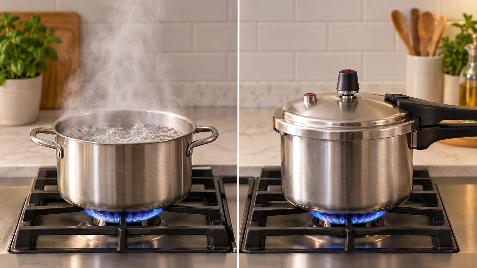 Comparação ilustrada entre uma panela aberta liberando vapor e uma panela de pressão fechada
