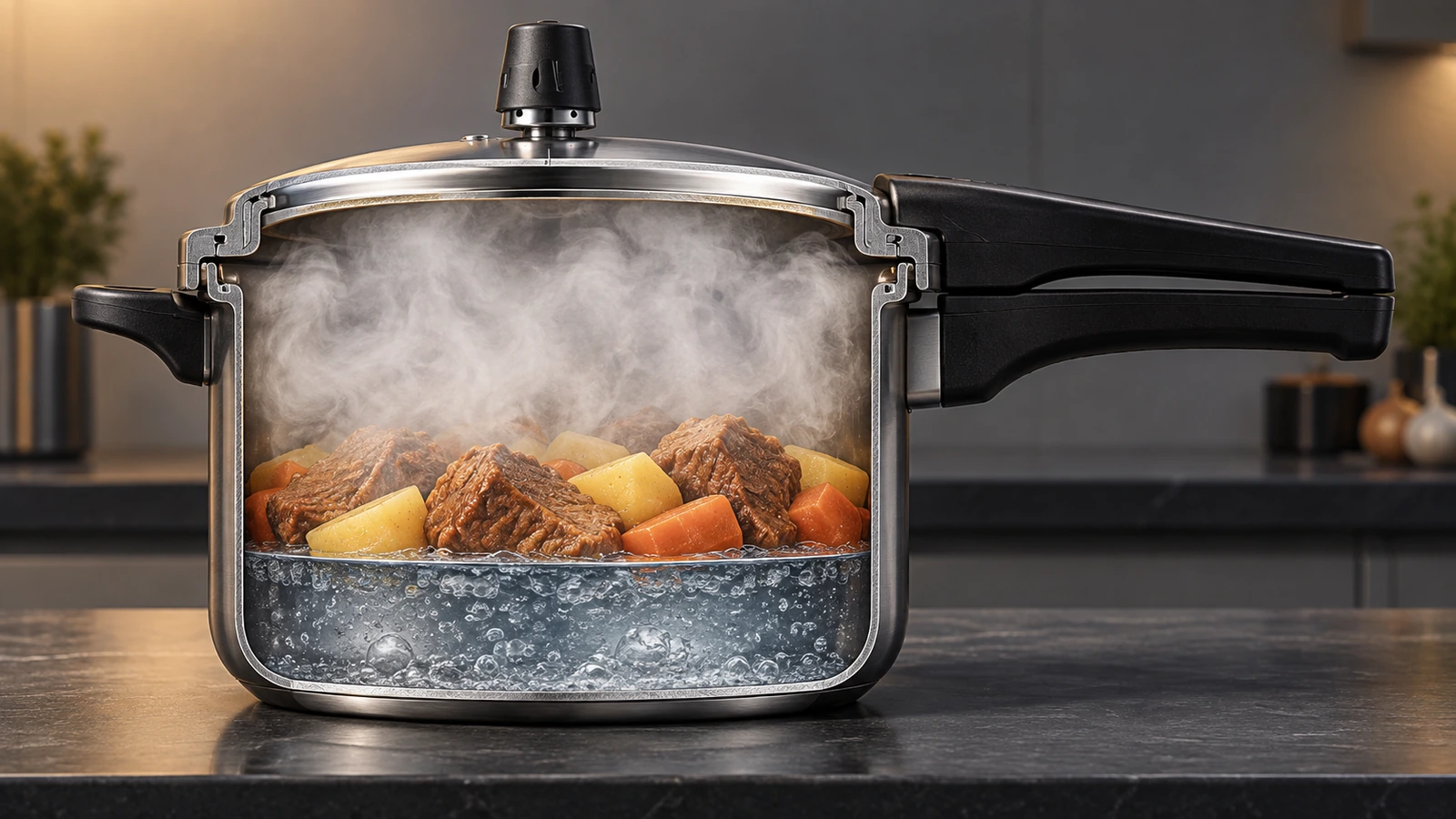 Corte lateral ilustrado de uma panela de pressão com líquido, alimento e vapor em seu interior