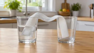 Papel-toalha faz uma ponte entre dois copos de vidro, com uma ponta mergulhada em água.
