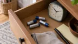 Pilhas AA sem marca guardadas em uma gaveta ao lado de relógio.