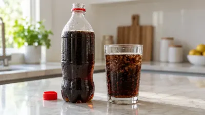 Garrafa genérica de refrigerante aberta ao lado de um copo com bolhas visíveis.