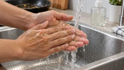 Mãos adultas sendo lavadas com sabonete líquido sob água corrente em uma pia limpa.