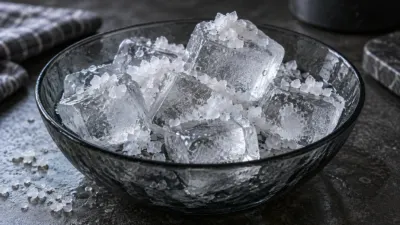 Cristais grossos de sal cobrem cubos de gelo em uma tigela de vidro escuro.