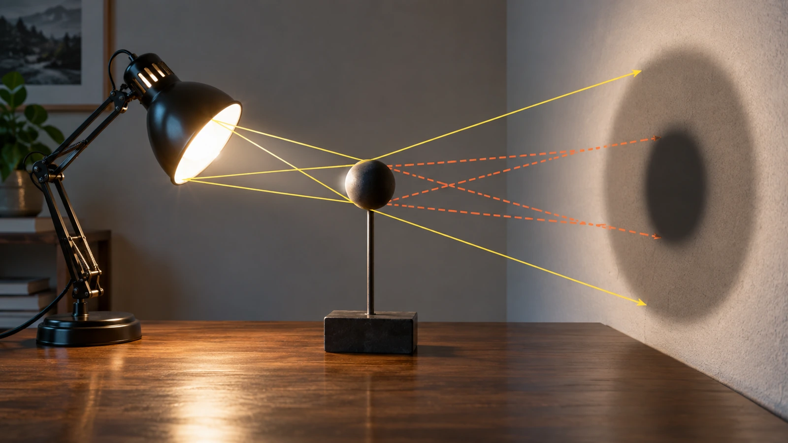 Lâmpada, esfera e parede com regiões de sombra escura e parcial ilustradas por raios de luz.