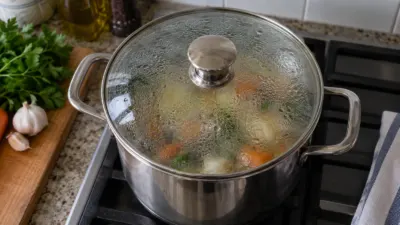 Panela de aço tampada solta uma pequena faixa de vapor sobre o fogão.