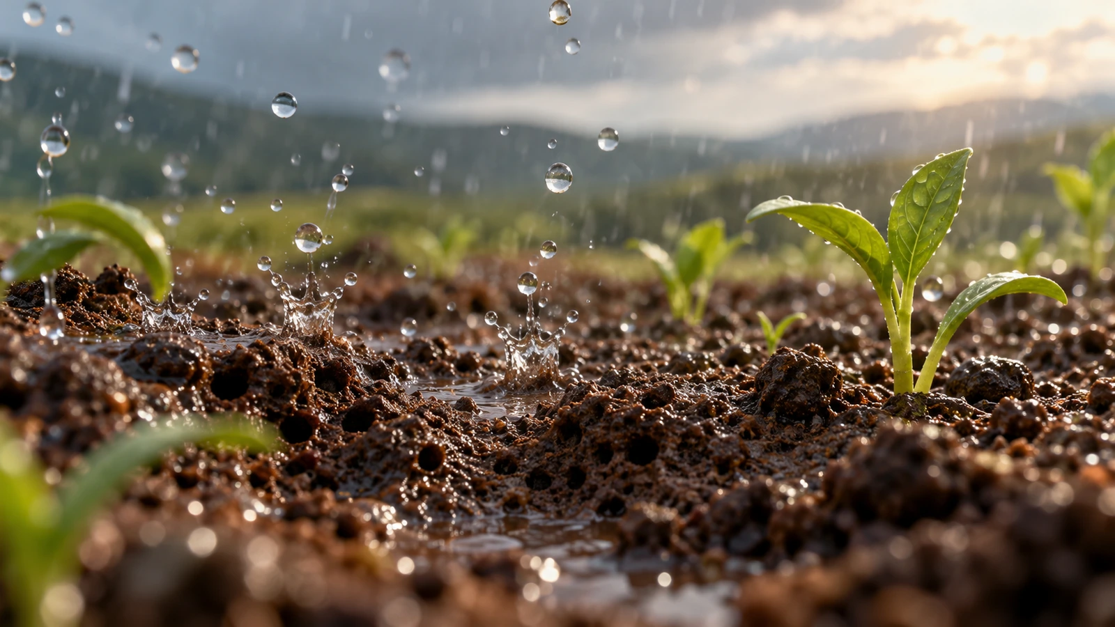 Gotas impactam o solo poroso e formam pequenas partículas suspensas no ar