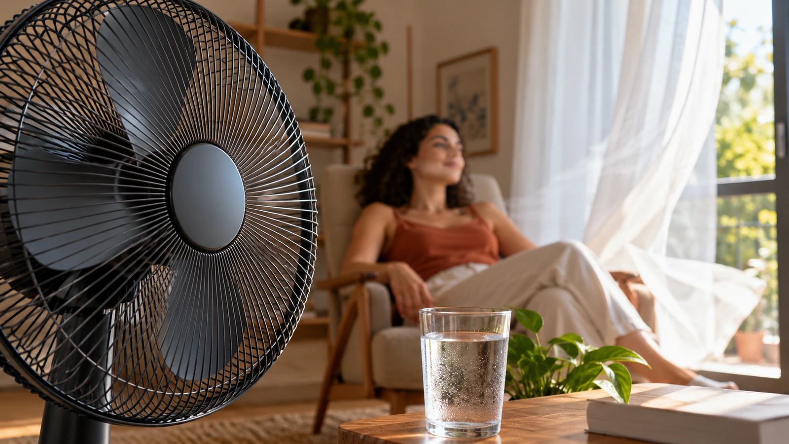 Brisa de um ventilador circula perto de uma pessoa sentada em ambiente interno