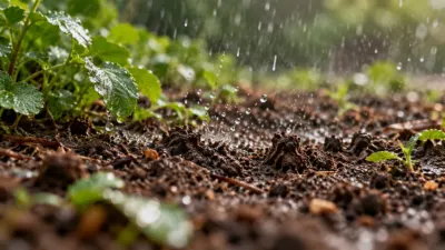 Gotas de chuva atingem solo escuro e folhas verdes após um período seco