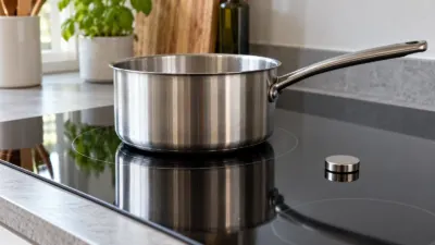 Panela de aço sobre fogão de indução de vidro em uma cozinha doméstica