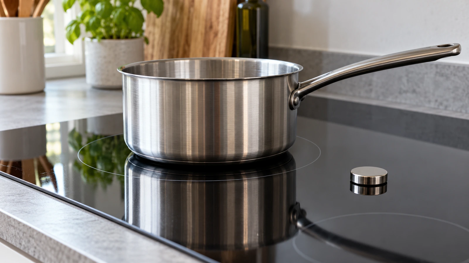 Panela de aço sobre fogão de indução de vidro em uma cozinha doméstica
