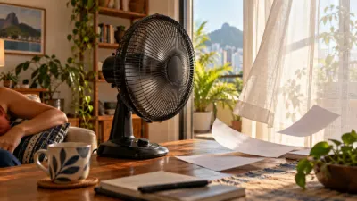 Ventilador de mesa movimenta uma cortina em sala residencial iluminada