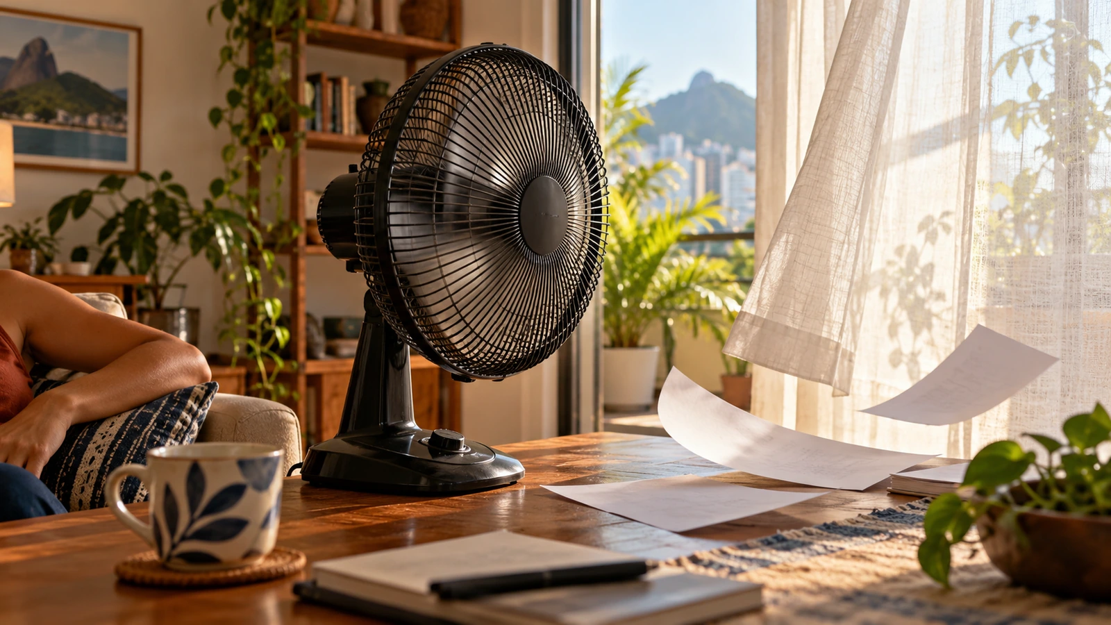 Ventilador de mesa movimenta uma cortina em sala residencial iluminada