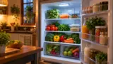 Geladeira doméstica aberta com alimentos organizados nas prateleiras