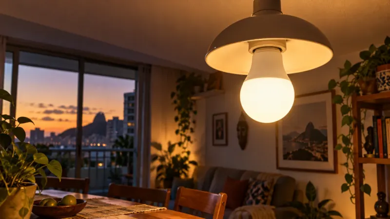 Lâmpada LED branca acesa em uma luminária residencial ao entardecer