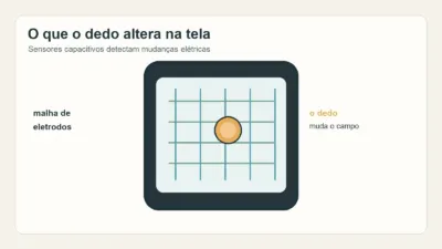 Diagrama de um dedo sobre uma tela de celular com malha de sensores capacitivos