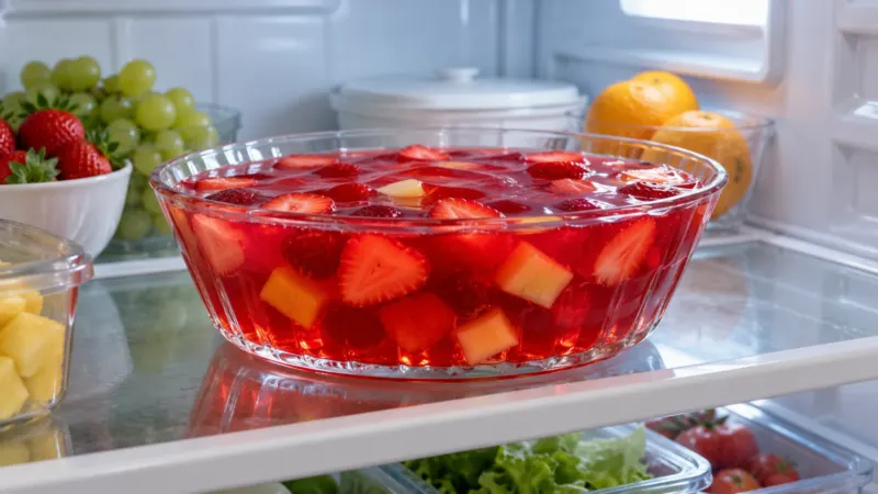 Tigela de gelatina vermelha com frutas dentro da geladeira