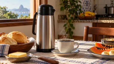 Garrafa térmica de aço sem marca ao lado de uma xícara de café fumegante na mesa