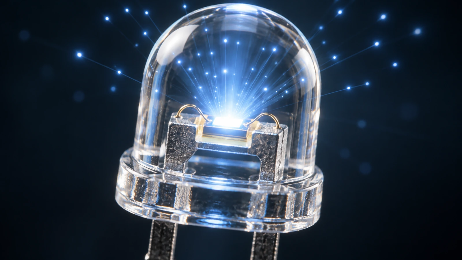 Representação de um chip LED emitindo luz a partir da junção semicondutora