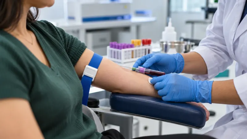 Profissional de saúde coleta sangue do braço de uma pessoa em laboratório