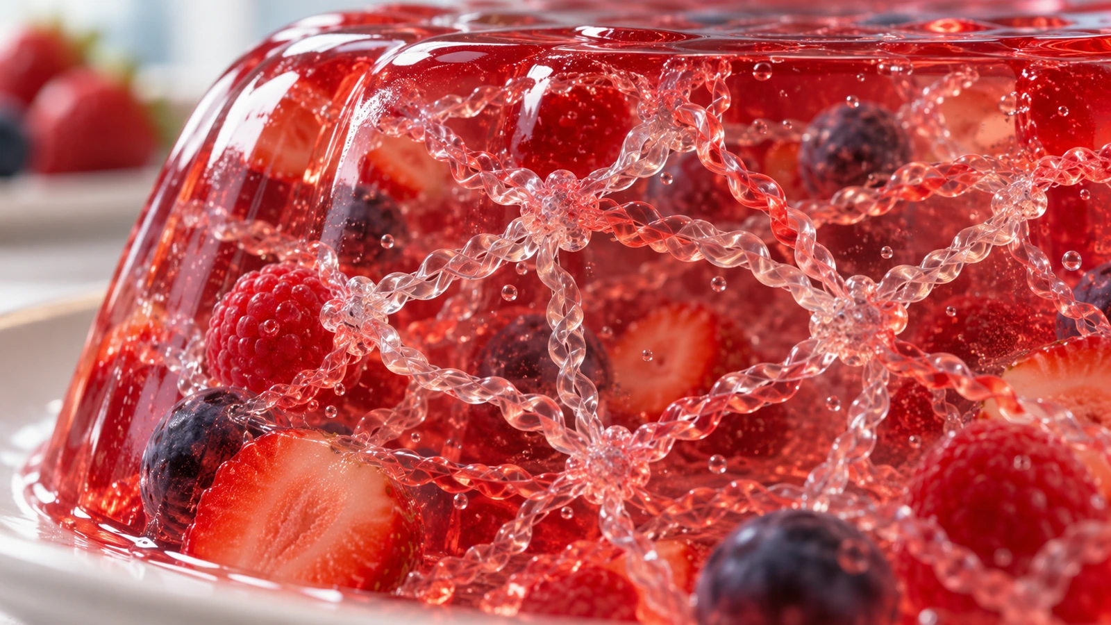 Rede de cadeias proteicas representada dentro de um gel transparente com frutas